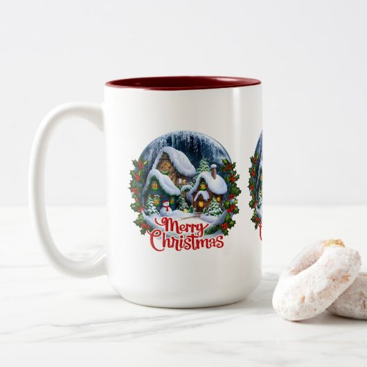 Whimsischer Winter Village Snow Globe Zweifarbige Tasse (Mit Donut)