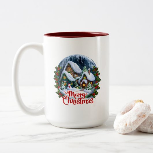 Whimsischer Winter Village Snow Globe Zweifarbige Tasse (Mit Donut)