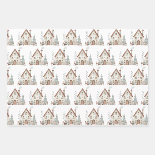 Whimsischer Winter Weihnachtshaus Wasserfarbe Geschenkpapier Set (Vorderseite)