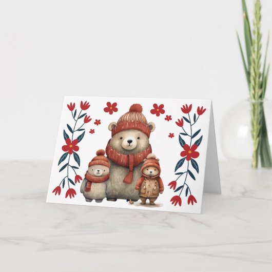 Whimsischer Winterbär & Florals Weihnachtskarte Feiertagskarte (Vorderseite)