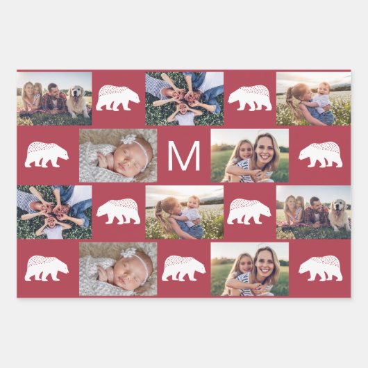 Whimsischer Winterbären Monogramm FotoCollage Geschenkpapier Set (Vorderseite)