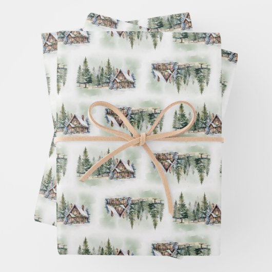 Whimsischer Winterwald und Hütte Geschenkpapier Set (Beispiel)
