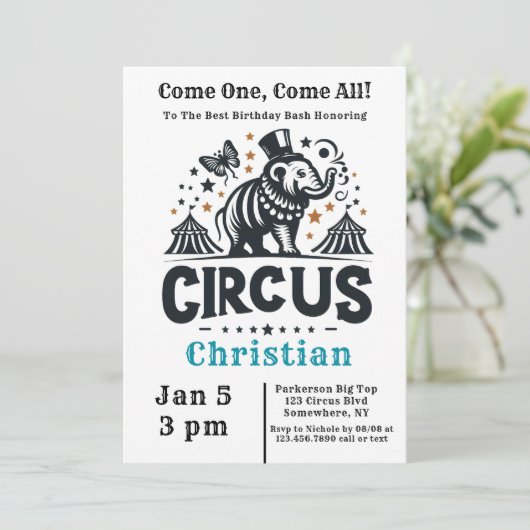 Whimsischer Zirkus Geburtstagsbash Einladung (Stehend Vorderseite)