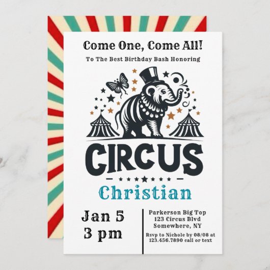 Whimsischer Zirkus Geburtstagsbash Einladung (Vorne/Hinten)
