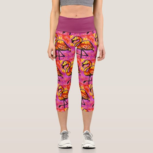 Whimsisches Abstrakt Flamingo Rosa Orange Floral Capri Leggings (Vorderseite)