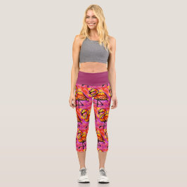 Whimsisches Abstrakt Flamingo Rosa Orange Floral Capri Leggings