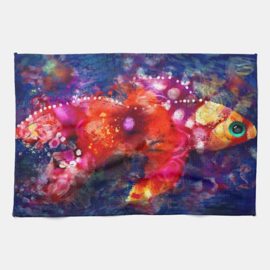 Whimsisches Abstrakt Goldfish Lila Orange Pink Geschirrtuch (Horizontal)