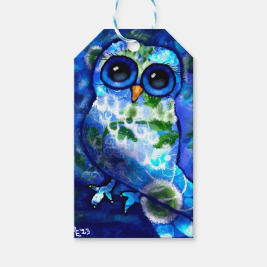 Whimsisches Abstraktes Eule Blaues grünes Blau Geschenkanhänger (Vorderseite)