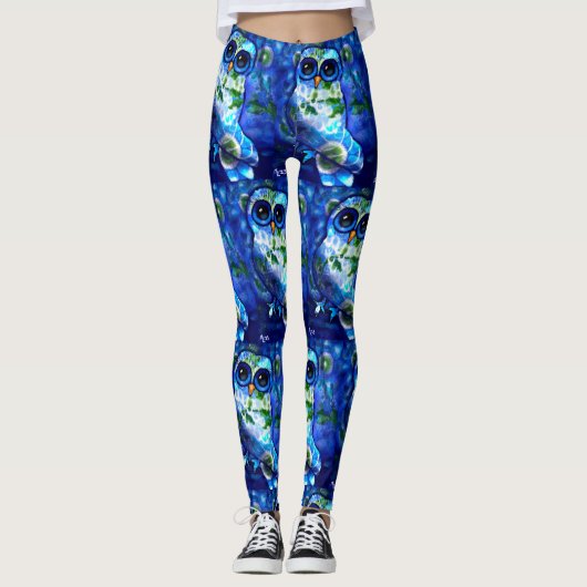 Whimsisches Abstraktes Eule Blaues grünes Blau Leggings (Vorderseite)