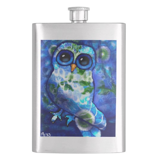 Whimsisches Abstraktes Owl Blue Floral Aquamarin B Flachmann (Vorderseite)