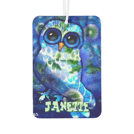 Whimsisches Abstraktes Owl Blue Green Personalisie Autolufterfrischer (Rückseite)