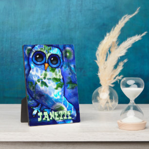 Whimsisches Abstraktes Owl Blue Green Personalisie Fotoplatte