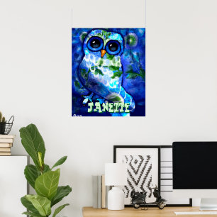 Whimsisches Abstraktes Owl Blue Green Personalisie Poster
