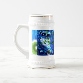 Whimsisches Abstraktes Owl Blüten Blume Blau Grün Bierglas