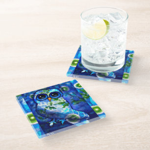 Whimsisches Abstraktes Owl Blüten Blume Blau Grün Glasuntersetzer