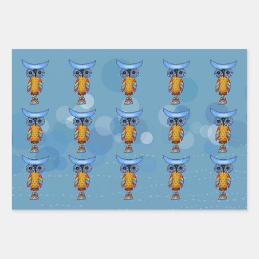 Whimsisches Abstraktes Owls Blaue Augen Farbenfroh Geschenkpapier Set (Vorderseite)