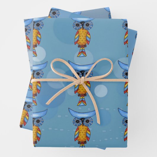Whimsisches Abstraktes Owls Blaue Augen Farbenfroh Geschenkpapier Set (Beispiel)