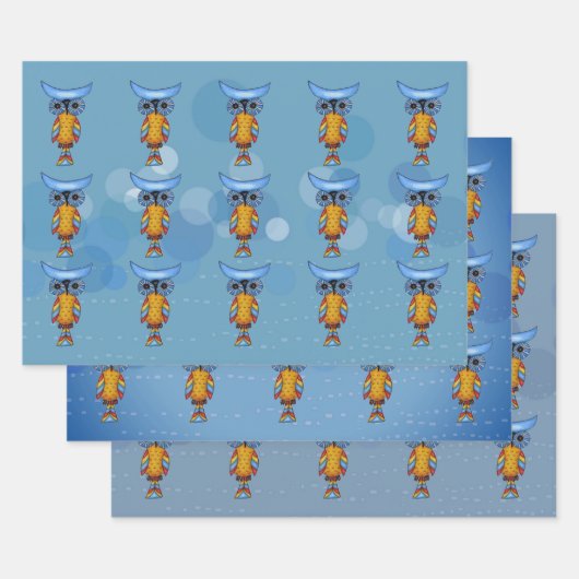 Whimsisches Abstraktes Owls Blaue Augen Farbenfroh Geschenkpapier Set (Set)