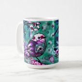 Whimsisches Abstraktes Vogelfloral Aquamarin Lila Kaffeetasse (Vorderseite Links)