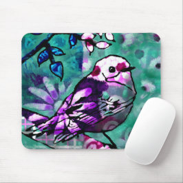 Whimsisches Abstraktes Vogelfloral Aquamarin Lila Mousepad