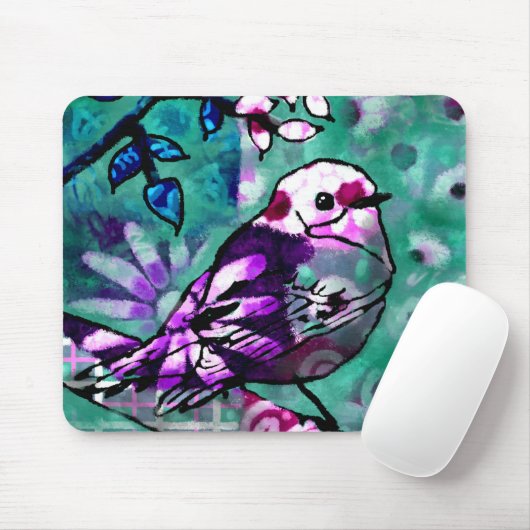 Whimsisches Abstraktes Vogelfloral Aquamarin Lila Mousepad (Mit Mouse)