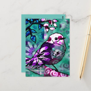 Whimsisches Abstraktes Vogelfloral Aquamarin Lila Postkarte