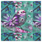 Whimsisches Abstraktes Vogelfloral Aquamarin Lila Stoff (Nahaufnahme)