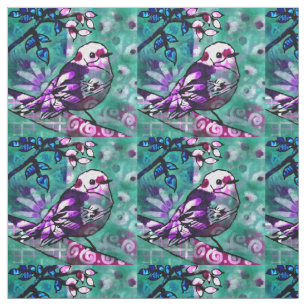 Whimsisches Abstraktes Vogelfloral Aquamarin Lila Stoff