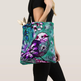 Whimsisches Abstraktes Vogelfloral Aquamarin Lila Tasche
