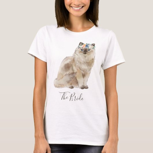 Whimsisches Aquarell Blumenbride Katze T-Shirt (Vorderseite)