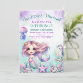 Whimsisches Aquarell lila Meerjungfrau 5. Geburtst Einladung (Stehend Vorderseite)