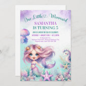 Whimsisches Aquarell lila Meerjungfrau 5. Geburtst Einladung (Vorne/Hinten)