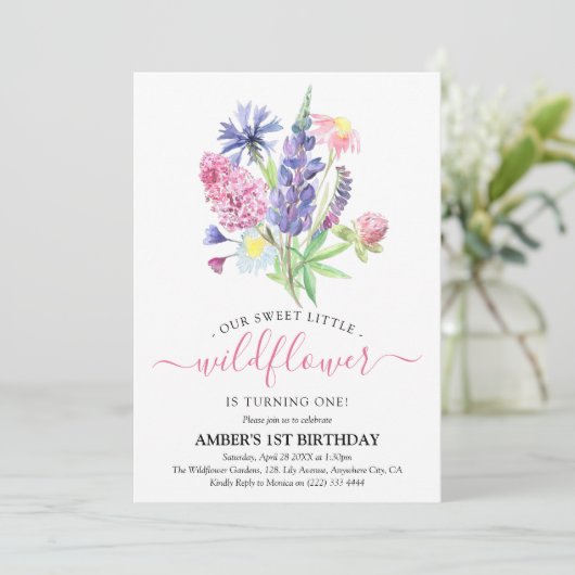 Whimsisches Aquarell Wildblume 1. Geburtstag Einladung (Stehend Vorderseite)