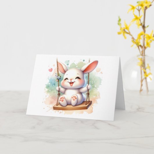 Whimsisches Aquarellbär Kaninchen auf Flügelscheib Karte (Gelbe Blume)