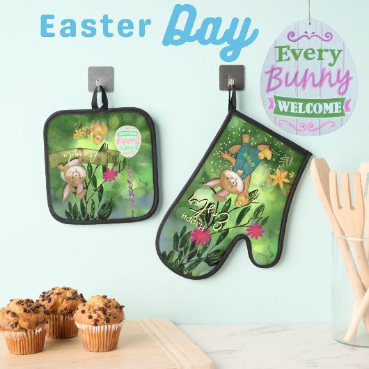 Whimsisches Aquarellbunny Ofenhandschuh & Topflappen-Set