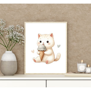 Whimsisches Aquarellkätzchen mit Eiscreme Poster