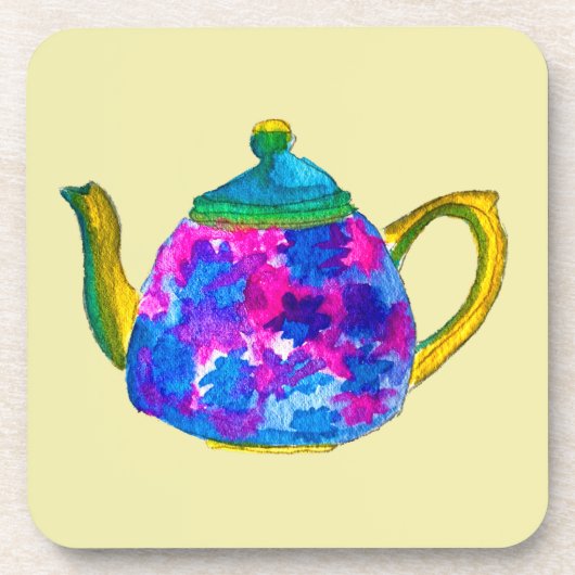 Whimsisches Aquarellteapot Getränkeuntersetzer (Vorderseite)
