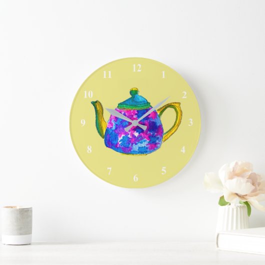 Whimsisches Aquarellteapot Große Wanduhr (Zuhause)
