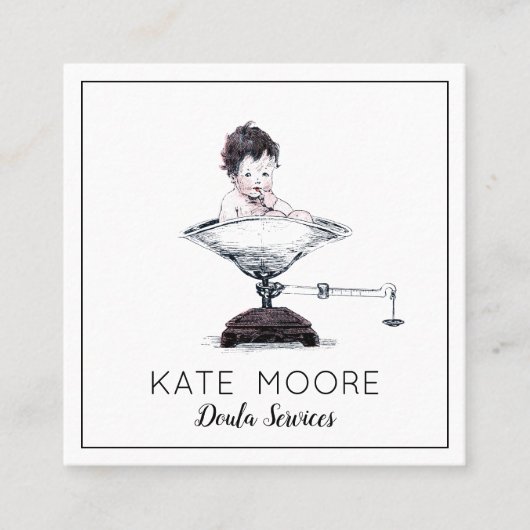 Whimsisches Baby auf Waage, Hebamme oder Doula Quadratische Visitenkarte (Vorderseite)