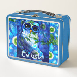 Whimsisches blaues blaues grünes Blütentier Person Metall Brotdose