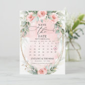 Whimsisches boho staubige Rosen und Eukalyptus Save The Date (Stehend Vorderseite)