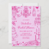 Whimsisches Brautparty aus weißem, rosa Handgezoge Einladung (Vorderseite)