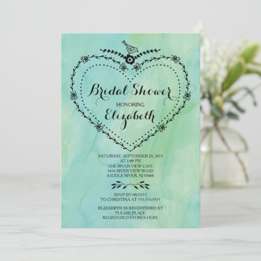 Whimsisches Brautparty für grüne Wasserfarbe Einladung (Stehend Vorderseite)