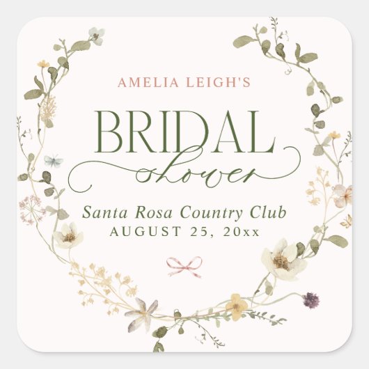 Whimsisches Brautparty "Garden & Bows" Quadratischer Aufkleber (Vorderseite)