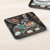 Whimsisches Bunny Rabbit Abstrakt Black Aquamarin Getränkeuntersetzer (Linke Seite)