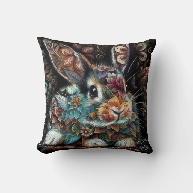 Whimsisches Bunny Rabbit Abstrakt Black Aquamarin Kissen (Vorderseite)