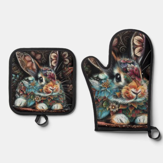 Whimsisches Bunny Rabbit Abstrakt Black Aquamarin Ofenhandschuh & Topflappen-Set (Vorderseite)