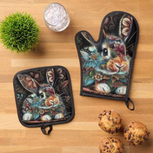 Whimsisches Bunny Rabbit Abstrakt Black Aquamarin Ofenhandschuh & Topflappen-Set (Oben Unten)