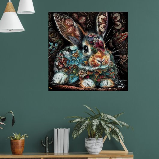 Whimsisches Bunny Rabbit Abstrakt Black Aquamarin Poster (Wohnzimmer 1)