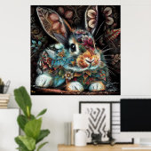 Whimsisches Bunny Rabbit Abstrakt Black Aquamarin Poster (Heimbüro)